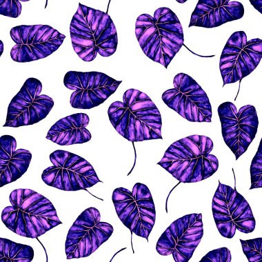 Tekstil tasarımı için suluboya tropikal yaprakları ve çiçekleri olan modern, soyut, dikişsiz desen. Geçmişe dönük parlak yaz geçmişi. Orman yaprakları çizimi. Mayo botanik tasarımı. Antika egzotik baskı.