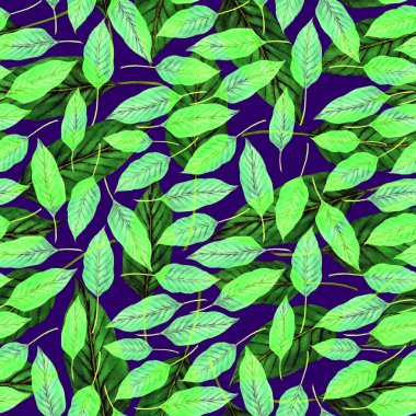 Tekstil tasarımı için suluboya tropikal yaprakları ve çiçekleri olan modern, soyut, dikişsiz desen. Geçmişe dönük parlak yaz geçmişi. Orman yaprakları çizimi. Mayo botanik tasarımı. Antika egzotik baskı.