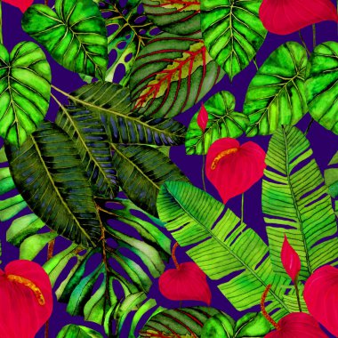 Tekstil tasarımı için suluboya tropikal yaprakları ve çiçekleri olan modern, soyut, dikişsiz desen. Geçmişe dönük parlak yaz geçmişi. Orman yaprakları çizimi. Mayo botanik tasarımı. Antika egzotik baskı.
