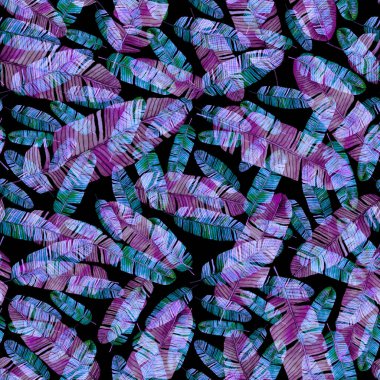 Tekstil tasarımı için suluboya tropikal yaprakları ve çiçekleri olan modern, soyut, dikişsiz desen. Geçmişe dönük parlak yaz geçmişi. Orman yaprakları çizimi. Mayo botanik tasarımı. Antika egzotik baskı.