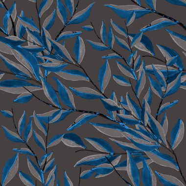 Tekstil tasarımı için suluboya tropikal yaprakları ve çiçekleri olan modern, soyut, dikişsiz desen. Geçmişe dönük parlak yaz geçmişi. Orman yaprakları çizimi. Mayo botanik tasarımı. Antika egzotik baskı.