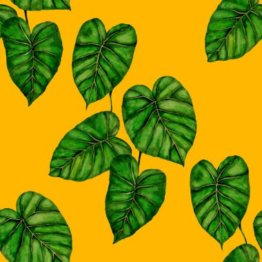 Tekstil tasarımı için suluboya tropikal yaprakları ve çiçekleri olan modern, soyut, dikişsiz desen. Geçmişe dönük parlak yaz geçmişi. Orman yaprakları çizimi. Mayo botanik tasarımı. Antika egzotik baskı.