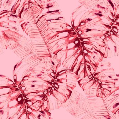 Tekstil tasarımı için suluboya tropikal yaprakları ve çiçekleri olan modern, soyut, dikişsiz desen. Geçmişe dönük parlak yaz geçmişi. Orman yaprakları çizimi. Mayo botanik tasarımı. Antika egzotik baskı.