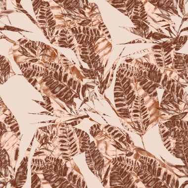 Tekstil tasarımı için suluboya tropikal yaprakları ve çiçekleri olan modern, soyut, dikişsiz desen. Geçmişe dönük parlak yaz geçmişi. Orman yaprakları çizimi. Mayo botanik tasarımı. Antika egzotik baskı.
