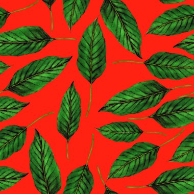 Tekstil tasarımı için suluboya tropikal yaprakları ve çiçekleri olan modern, soyut, dikişsiz desen. Geçmişe dönük parlak yaz geçmişi. Orman yaprakları çizimi. Mayo botanik tasarımı. Antika egzotik baskı.