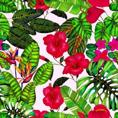 Tekstil tasarımı için suluboya tropikal yaprakları ve çiçekleri olan modern, soyut, dikişsiz desen. Geçmişe dönük parlak yaz geçmişi. Orman yaprakları çizimi. Mayo botanik tasarımı. Antika egzotik baskı.