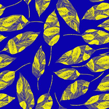 Tekstil tasarımı için suluboya tropikal yaprakları ve çiçekleri olan modern, soyut, dikişsiz desen. Geçmişe dönük parlak yaz geçmişi. Orman yaprakları çizimi. Mayo botanik tasarımı. Antika egzotik baskı.