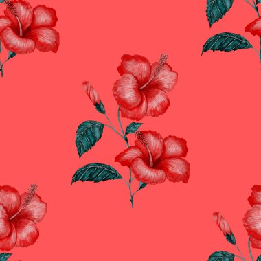 Tekstil tasarımı için suluboya tropikal yaprakları ve çiçekleri olan modern, soyut, dikişsiz desen. Geçmişe dönük parlak yaz geçmişi. Orman yaprakları çizimi. Mayo botanik tasarımı. Antika egzotik baskı.