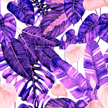 Tekstil tasarımı için suluboya tropikal yaprakları ve çiçekleri olan modern, soyut, dikişsiz desen. Geçmişe dönük parlak yaz geçmişi. Orman yaprakları çizimi. Mayo botanik tasarımı. Antika egzotik baskı.