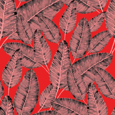 Tekstil tasarımı için suluboya tropikal yaprakları ve çiçekleri olan modern, soyut, dikişsiz desen. Geçmişe dönük parlak yaz geçmişi. Orman yaprakları çizimi. Mayo botanik tasarımı. Antika egzotik baskı.