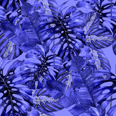Tekstil tasarımı için suluboya tropikal yaprakları ve çiçekleri olan modern, soyut, dikişsiz desen. Geçmişe dönük parlak yaz geçmişi. Orman yaprakları çizimi. Mayo botanik tasarımı. Antika egzotik baskı.