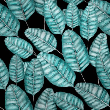 Tekstil tasarımı için suluboya tropikal yaprakları ve çiçekleri olan modern, soyut, dikişsiz desen. Geçmişe dönük parlak yaz geçmişi. Orman yaprakları çizimi. Mayo botanik tasarımı. Antika egzotik baskı.