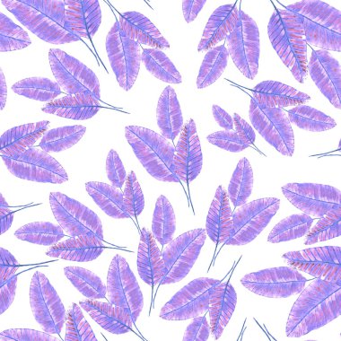 Tekstil tasarımı için suluboya tropikal yaprakları ve çiçekleri olan modern, soyut, dikişsiz desen. Geçmişe dönük parlak yaz geçmişi. Orman yaprakları çizimi. Mayo botanik tasarımı. Antika egzotik baskı.