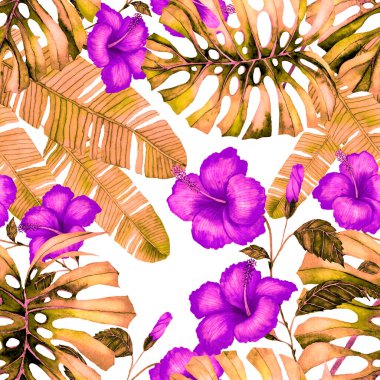 Tekstil tasarımı için suluboya tropikal yaprakları ve çiçekleri olan modern, soyut, dikişsiz desen. Geçmişe dönük parlak yaz geçmişi. Orman yaprakları çizimi. Mayo botanik tasarımı. Antika egzotik baskı.