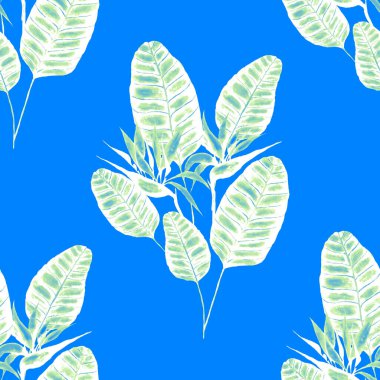 Tekstil tasarımı için suluboya tropikal yaprakları ve çiçekleri olan modern, soyut, dikişsiz desen. Geçmişe dönük parlak yaz geçmişi. Orman yaprakları çizimi. Mayo botanik tasarımı. Antika egzotik baskı.