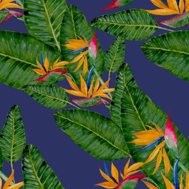 Tekstil tasarımı için suluboya tropikal yaprakları ve çiçekleri olan modern, soyut, dikişsiz desen. Geçmişe dönük parlak yaz geçmişi. Orman yaprakları çizimi. Mayo botanik tasarımı. Antika egzotik baskı.