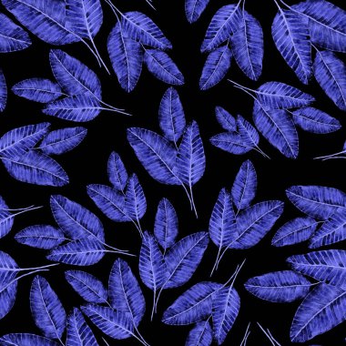 Tekstil tasarımı için suluboya tropikal yaprakları ve çiçekleri olan modern, soyut, dikişsiz desen. Geçmişe dönük parlak yaz geçmişi. Orman yaprakları çizimi. Mayo botanik tasarımı. Antika egzotik baskı.