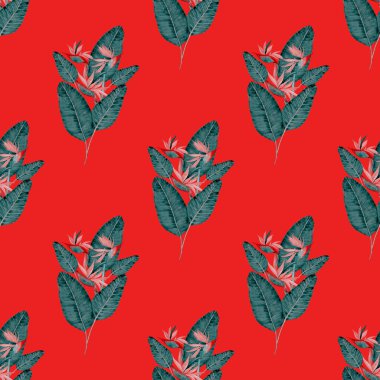 Tekstil tasarımı için suluboya tropikal yaprakları ve çiçekleri olan modern, soyut, dikişsiz desen. Geçmişe dönük parlak yaz geçmişi. Orman yaprakları çizimi. Mayo botanik tasarımı. Antika egzotik baskı.