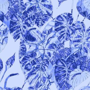 Tekstil tasarımı için suluboya tropikal yaprakları ve çiçekleri olan modern, soyut, dikişsiz desen. Geçmişe dönük parlak yaz geçmişi. Orman yaprakları çizimi. Mayo botanik tasarımı. Antika egzotik baskı.
