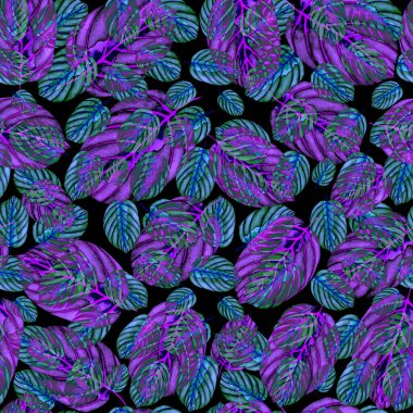 Tekstil tasarımı için suluboya tropikal yaprakları ve çiçekleri olan modern, soyut, dikişsiz desen. Geçmişe dönük parlak yaz geçmişi. Orman yaprakları çizimi. Mayo botanik tasarımı. Antika egzotik baskı.