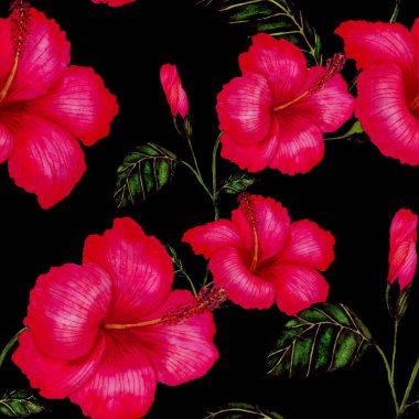 Tekstil tasarımı için suluboya tropikal yaprakları ve çiçekleri olan modern, soyut, dikişsiz desen. Geçmişe dönük parlak yaz geçmişi. Orman yaprakları çizimi. Mayo botanik tasarımı. Antika egzotik baskı.