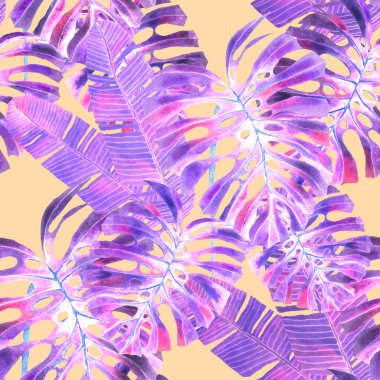 Tekstil tasarımı için suluboya tropikal yaprakları ve çiçekleri olan modern, soyut, dikişsiz desen. Geçmişe dönük parlak yaz geçmişi. Orman yaprakları çizimi. Mayo botanik tasarımı. Antika egzotik baskı.