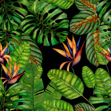Tekstil tasarımı için suluboya tropikal yaprakları ve çiçekleri olan modern, soyut, dikişsiz desen. Geçmişe dönük parlak yaz geçmişi. Orman yaprakları çizimi. Mayo botanik tasarımı. Antika egzotik baskı.