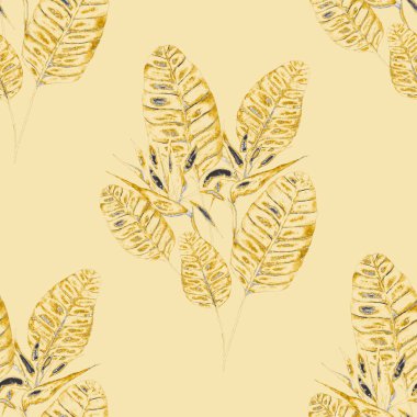 Tekstil tasarımı için suluboya tropikal yaprakları ve çiçekleri olan modern, soyut, dikişsiz desen. Geçmişe dönük parlak yaz geçmişi. Orman yaprakları çizimi. Mayo botanik tasarımı. Antika egzotik baskı.