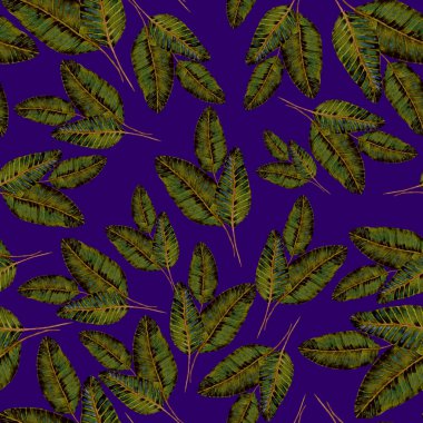 Tekstil tasarımı için suluboya tropikal yaprakları ve çiçekleri olan modern, soyut, dikişsiz desen. Geçmişe dönük parlak yaz geçmişi. Orman yaprakları çizimi. Mayo botanik tasarımı. Antika egzotik baskı.