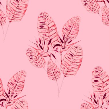 Tekstil tasarımı için suluboya tropikal yaprakları ve çiçekleri olan modern, soyut, dikişsiz desen. Geçmişe dönük parlak yaz geçmişi. Orman yaprakları çizimi. Mayo botanik tasarımı. Antika egzotik baskı.