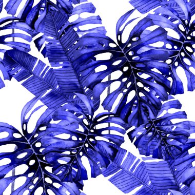 Tekstil tasarımı için suluboya tropikal yaprakları ve çiçekleri olan modern, soyut, dikişsiz desen. Geçmişe dönük parlak yaz geçmişi. Orman yaprakları çizimi. Mayo botanik tasarımı. Antika egzotik baskı.