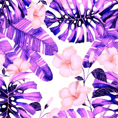 Tekstil tasarımı için suluboya tropikal yaprakları ve çiçekleri olan modern, soyut, dikişsiz desen. Geçmişe dönük parlak yaz geçmişi. Orman yaprakları çizimi. Mayo botanik tasarımı. Antika egzotik baskı.