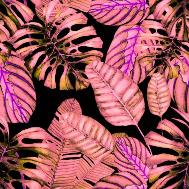 Tekstil tasarımı için suluboya tropikal yaprakları ve çiçekleri olan modern, soyut, dikişsiz desen. Geçmişe dönük parlak yaz geçmişi. Orman yaprakları çizimi. Mayo botanik tasarımı. Antika egzotik baskı.