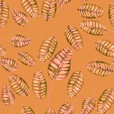 Tekstil tasarımı için suluboya tropikal yaprakları ve çiçekleri olan modern, soyut, dikişsiz desen. Geçmişe dönük parlak yaz geçmişi. Orman yaprakları çizimi. Mayo botanik tasarımı. Antika egzotik baskı.