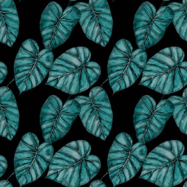 Tekstil tasarımı için suluboya tropikal yaprakları ve çiçekleri olan modern, soyut, dikişsiz desen. Geçmişe dönük parlak yaz geçmişi. Orman yaprakları çizimi. Mayo botanik tasarımı. Antika egzotik baskı.