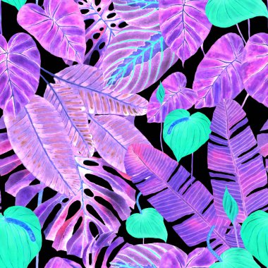 Tekstil tasarımı için suluboya tropikal yaprakları ve çiçekleri olan modern, soyut, dikişsiz desen. Geçmişe dönük parlak yaz geçmişi. Orman yaprakları çizimi. Mayo botanik tasarımı. Antika egzotik baskı.