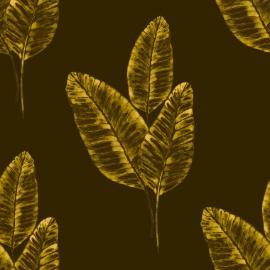 Tekstil tasarımı için suluboya tropikal yaprakları ve çiçekleri olan modern, soyut, dikişsiz desen. Geçmişe dönük parlak yaz geçmişi. Orman yaprakları çizimi. Mayo botanik tasarımı. Antika egzotik baskı.