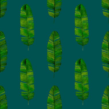 Tekstil tasarımı için suluboya tropikal yaprakları ve çiçekleri olan modern, soyut, dikişsiz desen. Geçmişe dönük parlak yaz geçmişi. Orman yaprakları çizimi. Mayo botanik tasarımı. Antika egzotik baskı.