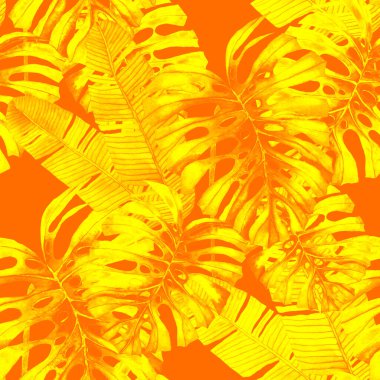 Tekstil tasarımı için suluboya tropikal yaprakları ve çiçekleri olan modern, soyut, dikişsiz desen. Geçmişe dönük parlak yaz geçmişi. Orman yaprakları çizimi. Mayo botanik tasarımı. Antika egzotik baskı.