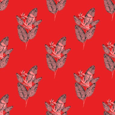 Tekstil tasarımı için suluboya tropikal yaprakları ve çiçekleri olan modern, soyut, dikişsiz desen. Geçmişe dönük parlak yaz geçmişi. Orman yaprakları çizimi. Mayo botanik tasarımı. Antika egzotik baskı.