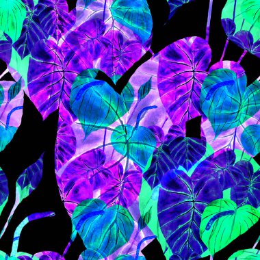 Tekstil tasarımı için suluboya tropikal yaprakları ve çiçekleri olan modern, soyut, dikişsiz desen. Geçmişe dönük parlak yaz geçmişi. Orman yaprakları çizimi. Mayo botanik tasarımı. Antika egzotik baskı.