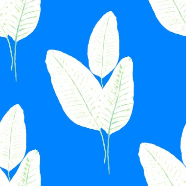 Tekstil tasarımı için suluboya tropikal yaprakları ve çiçekleri olan modern, soyut, dikişsiz desen. Geçmişe dönük parlak yaz geçmişi. Orman yaprakları çizimi. Mayo botanik tasarımı. Antika egzotik baskı.