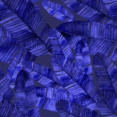 Tekstil tasarımı için suluboya tropikal yaprakları ve çiçekleri olan modern, soyut, dikişsiz desen. Geçmişe dönük parlak yaz geçmişi. Orman yaprakları çizimi. Mayo botanik tasarımı. Antika egzotik baskı.