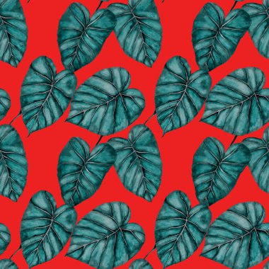 Tekstil tasarımı için suluboya tropikal yaprakları ve çiçekleri olan modern, soyut, dikişsiz desen. Geçmişe dönük parlak yaz geçmişi. Orman yaprakları çizimi. Mayo botanik tasarımı. Antika egzotik baskı.