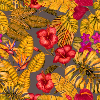 Tekstil tasarımı için suluboya tropikal yaprakları ve çiçekleri olan modern, soyut, dikişsiz desen. Geçmişe dönük parlak yaz geçmişi. Orman yaprakları çizimi. Mayo botanik tasarımı. Antika egzotik baskı.