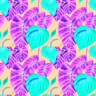 Tekstil tasarımı için suluboya tropikal yaprakları ve çiçekleri olan modern, soyut, dikişsiz desen. Geçmişe dönük parlak yaz geçmişi. Orman yaprakları çizimi. Mayo botanik tasarımı. Antika egzotik baskı.