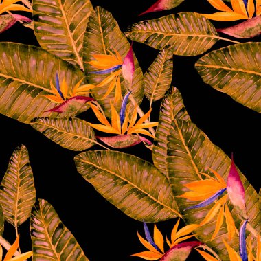 Tekstil tasarımı için suluboya tropikal yaprakları ve çiçekleri olan modern, soyut, dikişsiz desen. Geçmişe dönük parlak yaz geçmişi. Orman yaprakları çizimi. Mayo botanik tasarımı. Antika egzotik baskı.