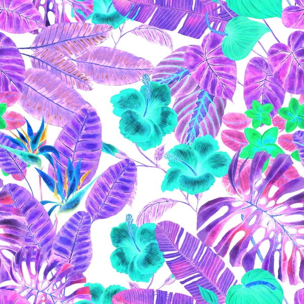 Modern Abstract Seamless Pattern Watercolor Tropical Leaves Flowers Textile Design — Stock Photo, Image