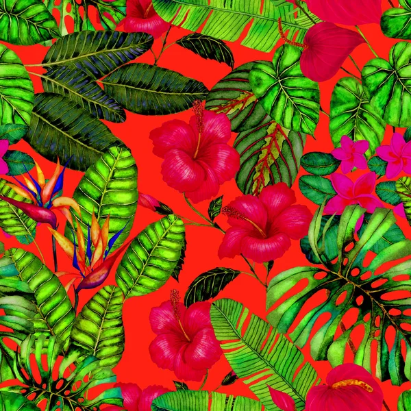 Moderno Modello Astratto Senza Cuciture Con Foglie Tropicali Acquerello Fiori — Foto Stock