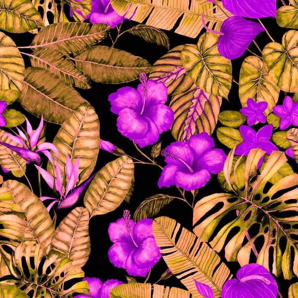 Σύγχρονη Αφηρημένη Αδιάλειπτη Μοτίβο Υδατογραφία Τροπικά Φύλλα Και Λουλούδια Για — Φωτογραφία Αρχείου